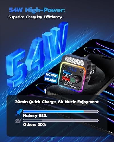 Nulaxy 54W Bluetooth 5.3 Car Adapter Charger 4-Port Fast Charging [PD36W & QC3.0 18W], Wireless Radio FM Transmitter with Deep Bass Player, 5 Colors LED Backlit, Hands-Free Calling, Support USB Drive thumbnail 2