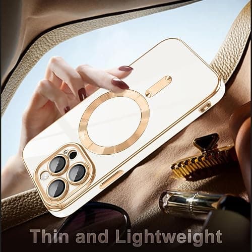 Dinick Magnetic for iPhone 13 Pro Case with Camera Len Protector, White | Compatible with MagSafe, Soft TPU Bumper, Anti-Scratch Protection, Slim Glitter Plated Gold Cover thumbnail 6