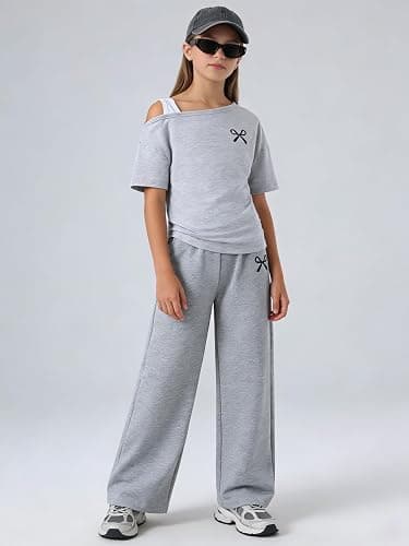 Kxuryueo Teen Girls Clothes Off the Shoulder Top and Wide Leg Pants Matching Outfit Set with Pockets Size 7-16 thumbnail 2