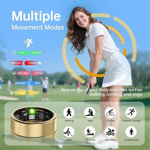 UniJethro Smart Ring for Women & Men, Health Tracker Ring with Heart Rate, Blood Oxygen,Blood Pressure, IP68 Waterproof Fitness Ring, Sleep Tracker for iPhone and Android, No APP Fee (Gold, 6#) thumbnail 4