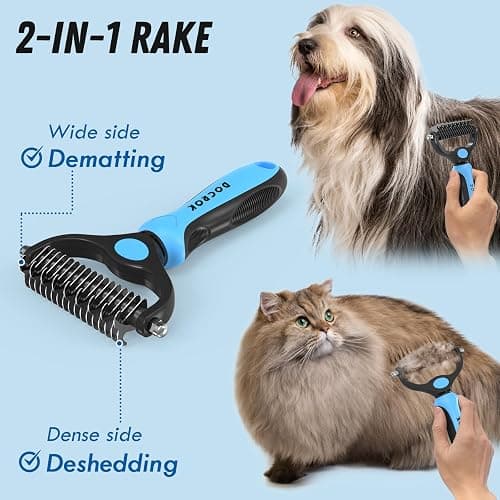 Docrok Pet Grooming Combo - Blue Deshedding Brush with Metal Comb for Detangling and Dematting Long, Matted Fur on Cats and Dogs thumbnail 2