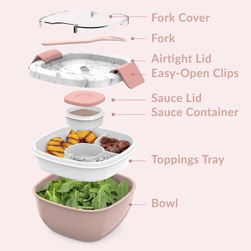 Bentgo Salad Container - 54 oz Bowl with 4-Compartment Toppings Tray, Dressing Container, Reusable Fork, BPA-Free Lunch Box for Meal Prep & Food Storage; Removable Bento Tray (Blush Marble) thumbnail 7