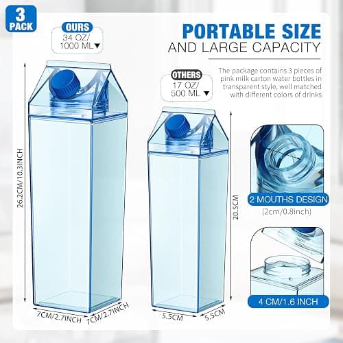 Remerry 3 Pcs Milk Carton Water Bottle Square Plastic Coffee Portable Reusable Milk Carton Cup Leakproof Juice Bottle thumbnail 2