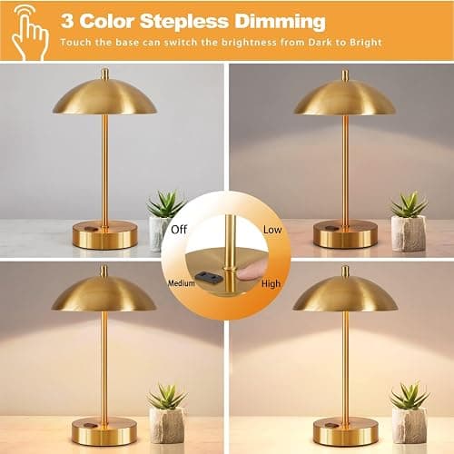 Modern LED Desk Lamp with AC Adapter,12" 3-Way Dimmable Touch Bedside Reading Lamp, Minimalist Gold Small Nightstand Table Lamp with Mushroom Dome Shade for Bedroom Living Room Office, Bulb Included thumbnail 2