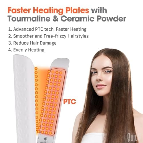 Quico Hair Straightener, 110-240V Global Travel Hair Straighteners for Women, 15s Fast Heating, Professional Negative Ion Flat Iron, Temp Memory, 320℉-450℉, Auto-Off, with Glove and Clips, Gift, White thumbnail 7