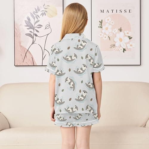 OWFKAY Kids Satin Pyjamas Set, Gray Otters Cute Girls Short Sleeve Button-Down Pajamas Pjs thumbnail 3