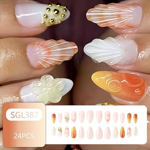 Flower Press on Nails Medium Almond SWEKKE Handmade Fake Nails 3D Orange False Nails with Floral Shell Designs Glossy Glue on Nails Summer Acrylic Nails for Women Girls 24 Pcs thumbnail 3