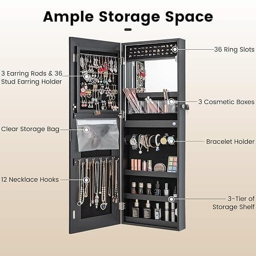 CHARMAID LED Mirror Jewelry Cabinet, Lockable Jewelry Armoire with Adjustable Lighted Full Length Mirror, 3 Lighting Sets, Wall Mounted Door Hanging Jewelry Storage Organizer (Black, 42.5''H) thumbnail 4