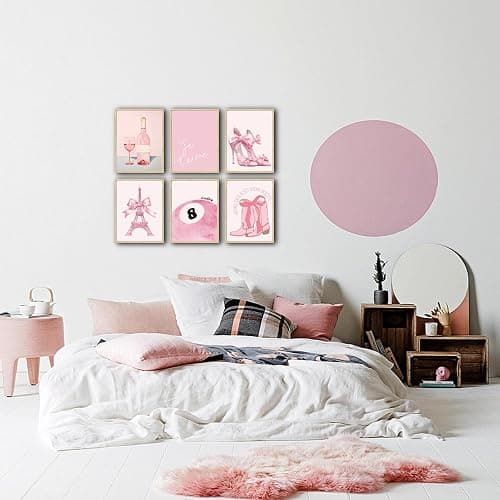 6Pink Preppy Wall Art Prints Set of 6 Coquette Bow Paris Themed Room Decor Lucky Cowgirl 8 Ball Picture Canvas Art Pink Trendy Posters Prints for Teen Girls Bedroom Dorm Decoration thumbnail 9