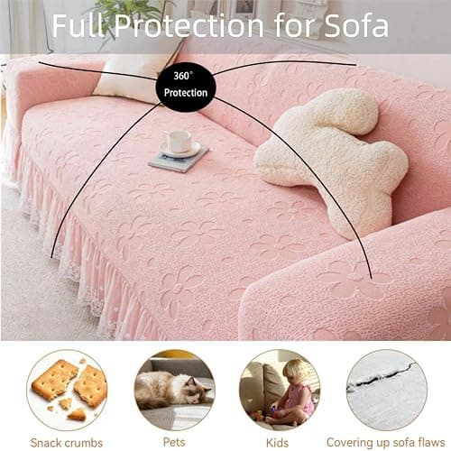 ZenQeek Stretch Sofa Cover with Lace Ruffle, 57" * 73" Full Coverage 2 Seater Couch Cover for Dogs, All Season Pet Friendly Furniture Protective Cover (Pink) thumbnail 5