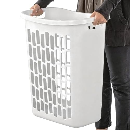 Large Plastic Laundry Hamper, White, Slim Rectangular, Ventilated, 63 Liter, Reinforced Handles, Clothes Basket for Bathroom, Dorm, and Closet - Image 1