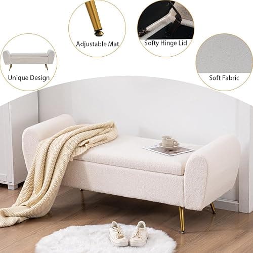AIITTCC Storage Bench for Bedroom, 55" Extra Long Bench for King Size Bed, Modern Upholstered End of Bed Ottoman Bench with Arms for Entryway Living Room (Teddy, Ivory White) thumbnail 5