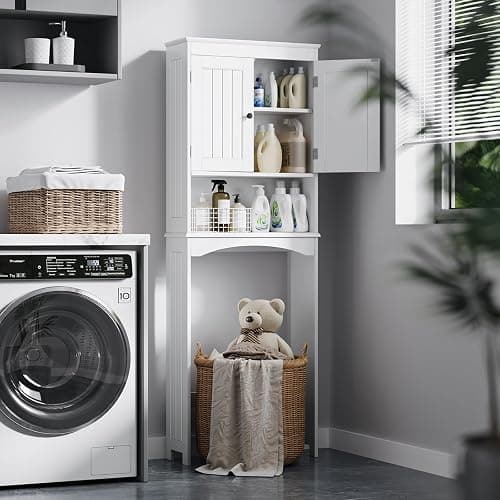 Bealife Over The Toilet Storage Cabinet with Open Shelf, Organizer with Adjustable Shelf and Double Doors,Over The Toilet Storage Shelf Free Standing- White thumbnail 3