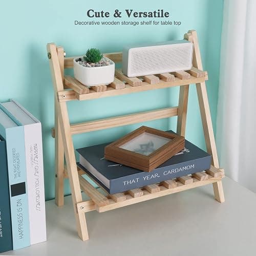 Jotsport 2-Step Desktop Storage Organizer Foldable 2 Tier Ladder Plant Stand Wood Display Shelf Decorative Storage Rack for Table Top thumbnail 4