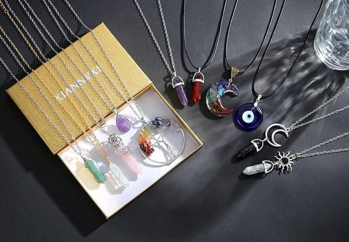 XIANNVXI 11 Pcs Crystal Necklaces for Women, Evil Eye Boho Chakra Hippie Pendant Beach Jewelry Set, Gifts thumbnail 4