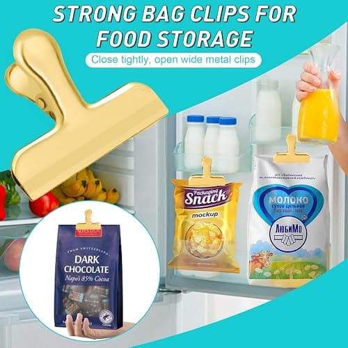 Funfery 8 Pack 3 Inch Stainless Steel Gold Chip Clips Bag Clips Large Clip for Food Packages,Strong Kitchen Food Clip for Snack,Chips,Home&Office Paper Heavy Duty thumbnail 4