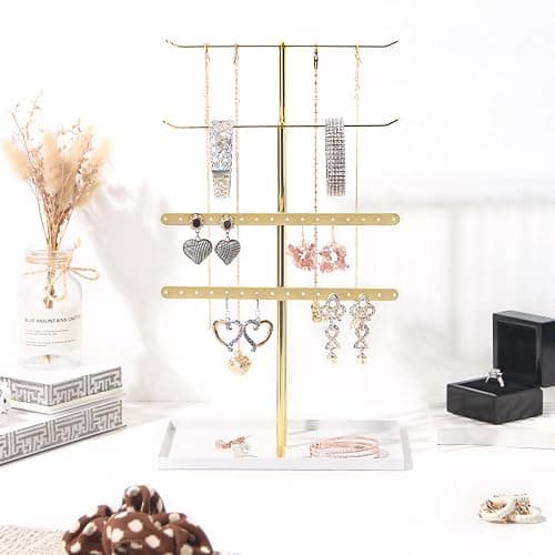 Necklace Bracelet Earring Holder Stand, Multi-Use Jewelry Display Organizer with Tray, T-Bar Metal Jewellery Organizer Stand, Jewelry Hanger Tower Rack for Women (Gold) thumbnail 7
