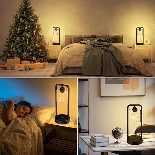 Wireless Charging Table Lamp for Bedroom Set of 2, Touch Control Dimmable with Type C USB Ports & AC Outlet Bedside Nightstand Lamp, Glass Shade Industrial Desk Lamp for Home Office, Bulbs Included thumbnail 7