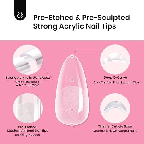 Beetles Tipex Gel Nail Kit, Medium Almond Nail Tips 224 Pcs 16 Sizes Pre-Building Pre-Etched False Nail Tips with Tipex Nail Glue, Mini Nail Lamp Thick Acrylic Nail Set thumbnail 7