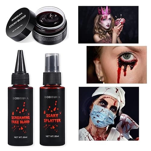 BOBISUKA 3PCS Halloween Fake Blood Makeup Kit - Coagulated 1.41oz + Spray 1.76oz + Dripping 1.76oz, Realistic Washable SFX Makeup for Zombie Monster Mouth Clothes Dress Up thumbnail 2