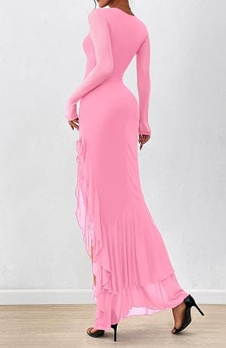 BTFBM Women's Maxi Dresses Fall 2025 Long Sleeve Ruched Bodycon Solid Ruffle Mermaid Cocktail Wedding Guest Dress thumbnail 3