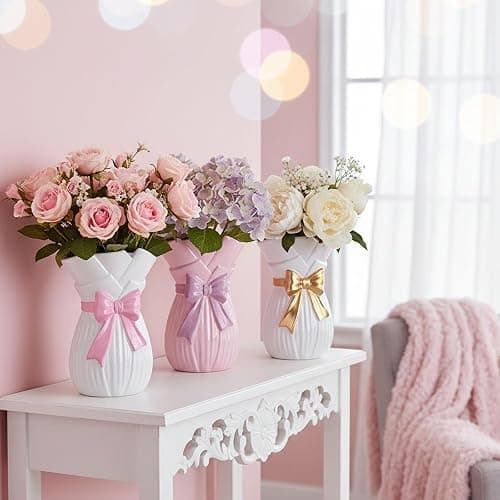 Bow Vase for Home Decor,7.8 Inch Cute Bow Ceramic Vase with Bowknot Design,Large Opening Floral for Fresh/Dried/Faux Flowers,Ideal for Kitchen Table/Living Room/Shelf/Dorm Decor (Pink) thumbnail 2