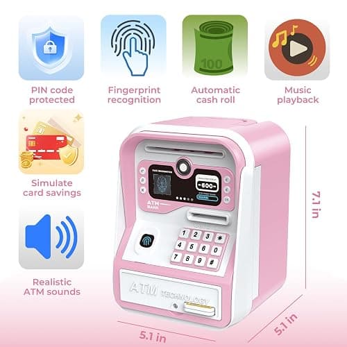 Piggy Bank for Kids Electronic ATM with Password Fingerprint Unlock for Real Money, Children Cash Coin Bank Birthday Gifts for 3 4 5 6 7 8 9 10 11 12 Year Old Boy Girl(Pink/White) thumbnail 2