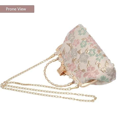 YeBon Retro Shoulder Chain Messenger Clutch Chinese Style Crane Embroidered Jacquard Women's Evening Bags (Golden Pink Flower) - K Pink Flower thumbnail 5
