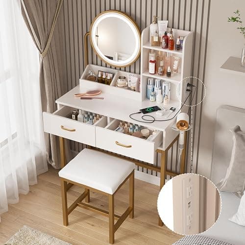 Vabches Makeup Vanity with Round Mirror and Lights, White Vanity Makeup Table with Charging Station, Small Vanity Table for Bedroom, 3 Lighting Modes, 31.5in(L) thumbnail 3