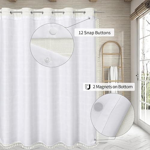MitoVilla No Hooks Needed Boho Farmhouse Shower Curtain with Snap-in Liner, Cotton Linen Fabric Shower Curtains with Tassels for Rustic Neutral Bathroom Decor, Ivory, 72 x 74 thumbnail 3