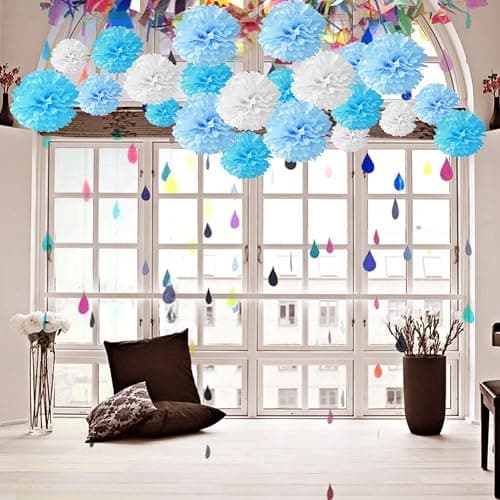 18pcs Tissue Hanging Paper Pom-poms, Hmxpls Flower Ball Wedding Party Outdoor Decoration Premium Tissue Paper Pom Pom Flowers Craft Kit (Blue & White), 8"/ 10"/ 12" thumbnail 4