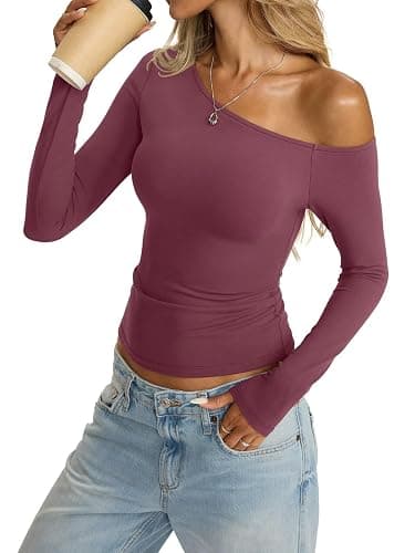 Eachyes Womens Off Shoulder Tops Tight Long Sleeve Shirts Sexy Top Y2K Slim Fit Going Out Fall Fashion Clothes 2026 thumbnail 6