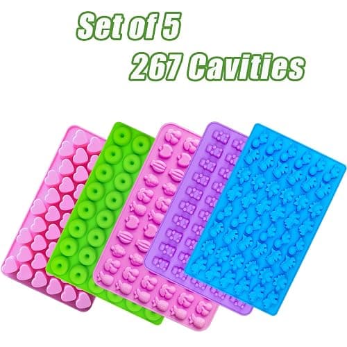 5 PCS Gummy Candy Molds Silicone, Food Grade Non-Stick Gummy Bear Mold Mini Fruit Snacks Molds BPA Free with 2 Droppers Including Mini Dinosaur, Bear, Heart, Fruit and Donut (Multicolor) thumbnail 6