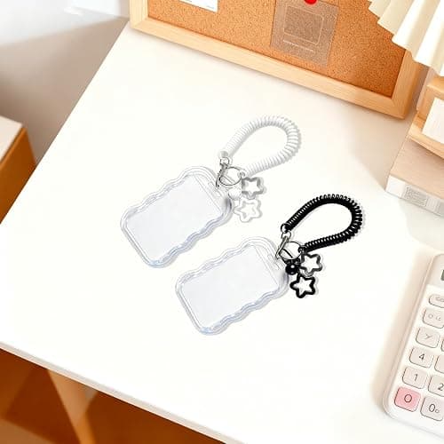 Qoncosy 2 Pack Cute Photocard Holder Keychain Kpop Photo Card Holder, Transparent PC Holder with Star Wave Design for Bus Student Card, Creative Photo Protector Keychain (Black and White) thumbnail 7