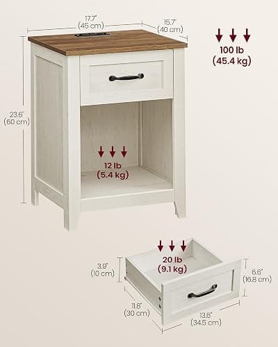 VASAGLE Farmhouse Nightstands with Charging Station, 1 Drawer, Set of 2 | Bedside Table, Side Table with Open Compartment, for Bedroom, Rustic White and Honey Brown, LIRY Collection ULET859K41 thumbnail 2