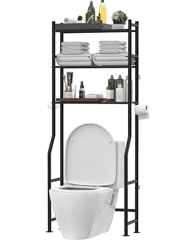 Livilord 3-Tier Over The Toilet Storage, Freestanding Metal Bathroom Shelves with 4 Hooks, Over Toilet Storage Shelf with Paper Holder, Above The Toilet Shelf for Bathroom Storage, Black - Image 1