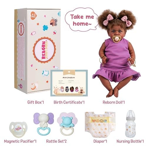 JIZHI Reborn Baby Dolls Black - 22 Inch Lifelike Soft Body Realistic-Newborn Baby Dolls Taupe Eyes Caramel Skin Tone Pink Striped Skirt Real Life and Toy Accessories Gift for Kids Age 3 thumbnail 7