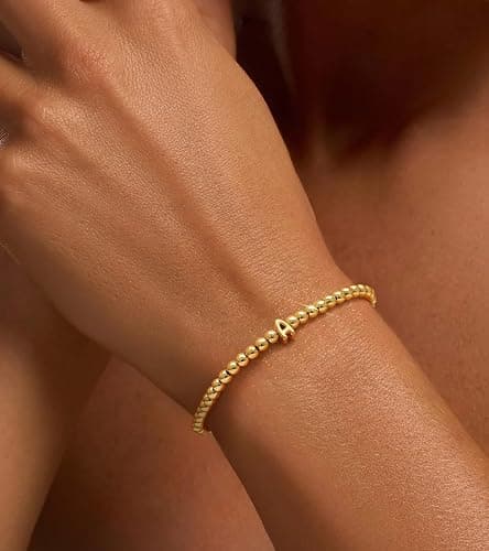 Wowshow Gold Bracelets for Women Stocking Stuffers Stretch Initial Beaded Bracelets 18K Gold Plated with A-Z Letter Charm Jewelry Gifts for Mother Birthday thumbnail 2