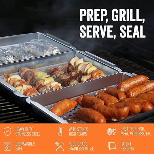 Yukon Glory™ BBQ 'N SERVE Premium Set, Includes 3 Grill Baskets, Serving Tray, Bamboo Cutting Board, Plastic Lid and Clip-on Handle thumbnail 4