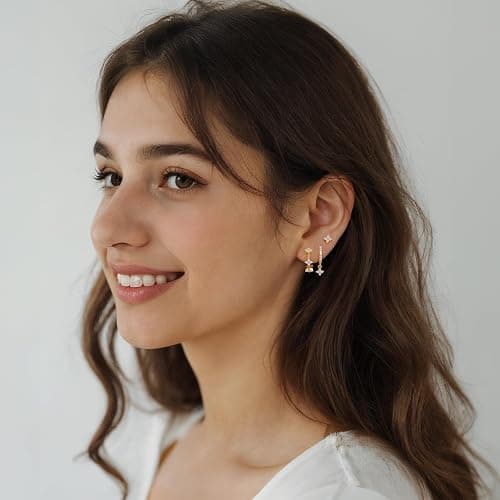 QUINBY Dainty Opal Earrings Dangle Hoop Earrings For Women,Hypoallergenic Earring Sets For Multiple Piercing,14k Gold Plated Earring Stacks For Sensitive Ears - Golden thumbnail 2