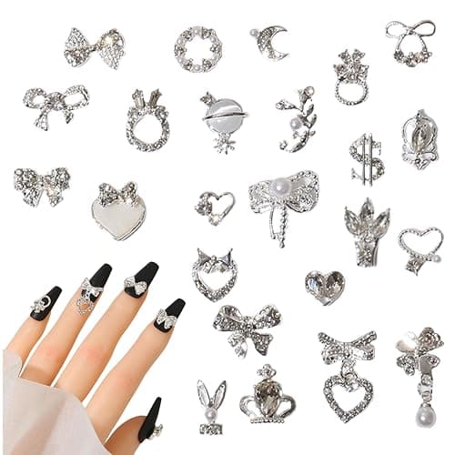 3D Nagel Charms, 24 Stück Glänzende Nagel Strass Edelsteine Herz Bogen Dangle Nail Art Charms Silber Metall Nagel Schmuck Luxus Nail Art Dekoration für Nail Design DIY Handwerk - Image 1