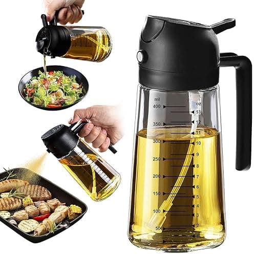 TrendPlain 16oz/470ml Glass Olive Oil Sprayer for Cooking – 2 in 1 Olive Oil Dispenser Bottle for Kitchen Gadgets and Air Fryer Accessories, Salad, BBQ - Black - Black - Image 1