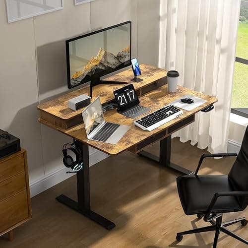 ExaDesk 48 * 30 Inches Electric Standing Widened Desk Adjustable Height with 4 Drawers, Double Storage Shelves Stand Up Desk, Home Office Workstation Sit Stand up Desk (Rustic Brown) - Rustic Brown - 48*30 inch thumbnail 2