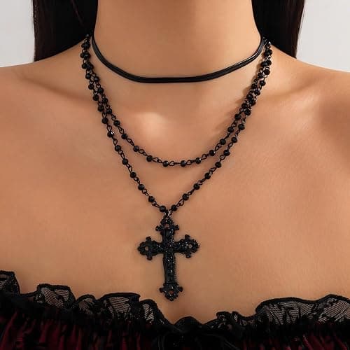 ZDPIQ Gothic Layered Cross Choker Necklace Black beaded Cross Pendant Choker Gothic Punk Emo Grunge Necklaces Christmas Halloween Costume Jewelry Gift for Women thumbnail 2
