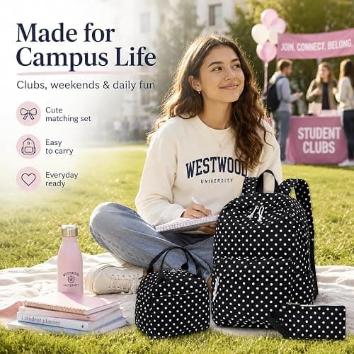 Bluboon Teen Girls School Backpack Kids Bookbag Set with Lunch Box Pencil Case Travel Laptop Backpack Casual Daypacks (Black Polka Dots) thumbnail 9