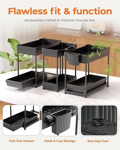 Sevenblue 3-Pack 2-Tier Under Sink Organizers with Sliding Drawers | Multi-use kitchen & bathroom storage, 12.8 inch black cabinet organizer, space-saving sliding drawer design. thumbnail 6