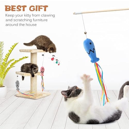 Natural Wood Cat Wand Toy with Ribbon Fish Teaser - 3pcs, 16 Inch, Indoor Cat Exerciser & Playing Kitten Toy, Bonus 5pcs Catnip Sticks for Teeth Cleaning thumbnail 5