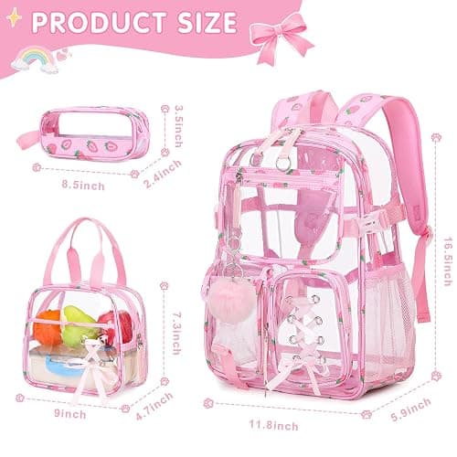 Bevalsa Clear Backpack for Girls, 3PCS Transparent Kids Backpacks for Teens | School Stadium Approved Backpack, Heavy Duty Clear Bookbag with Lunch Bag & Pencil Case for Elementary Middle High School thumbnail 3