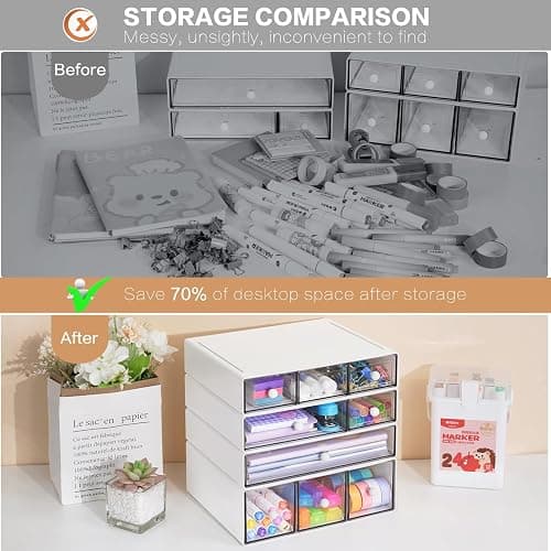 FODIENS Desk Storage Organizer with 9 Drawers, 4 Tiers Stackable Desktop Craft Storage Drawers, Clear Storage Box Caddy for Stationary Makeup Jewelry Office Craft Supplies (White) thumbnail 7