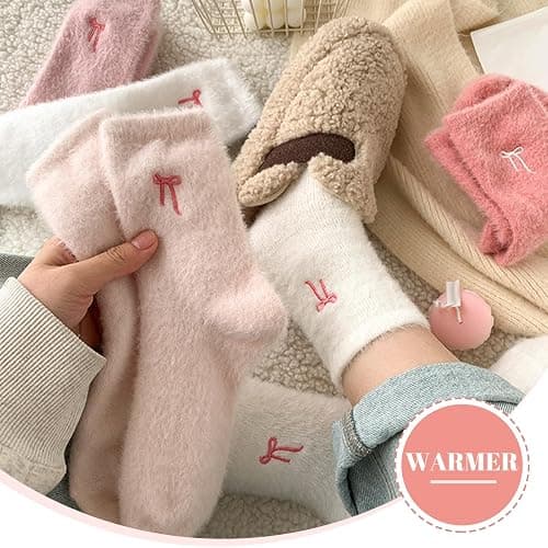 CharmBurst 5 Pairs Fluffy Cosy Socks Ladies With Bow, Warm Winter Socks, Thick Furry Socks For Home, Winter Thermal Socks Ladies, Soft Sleep Socks thumbnail 5